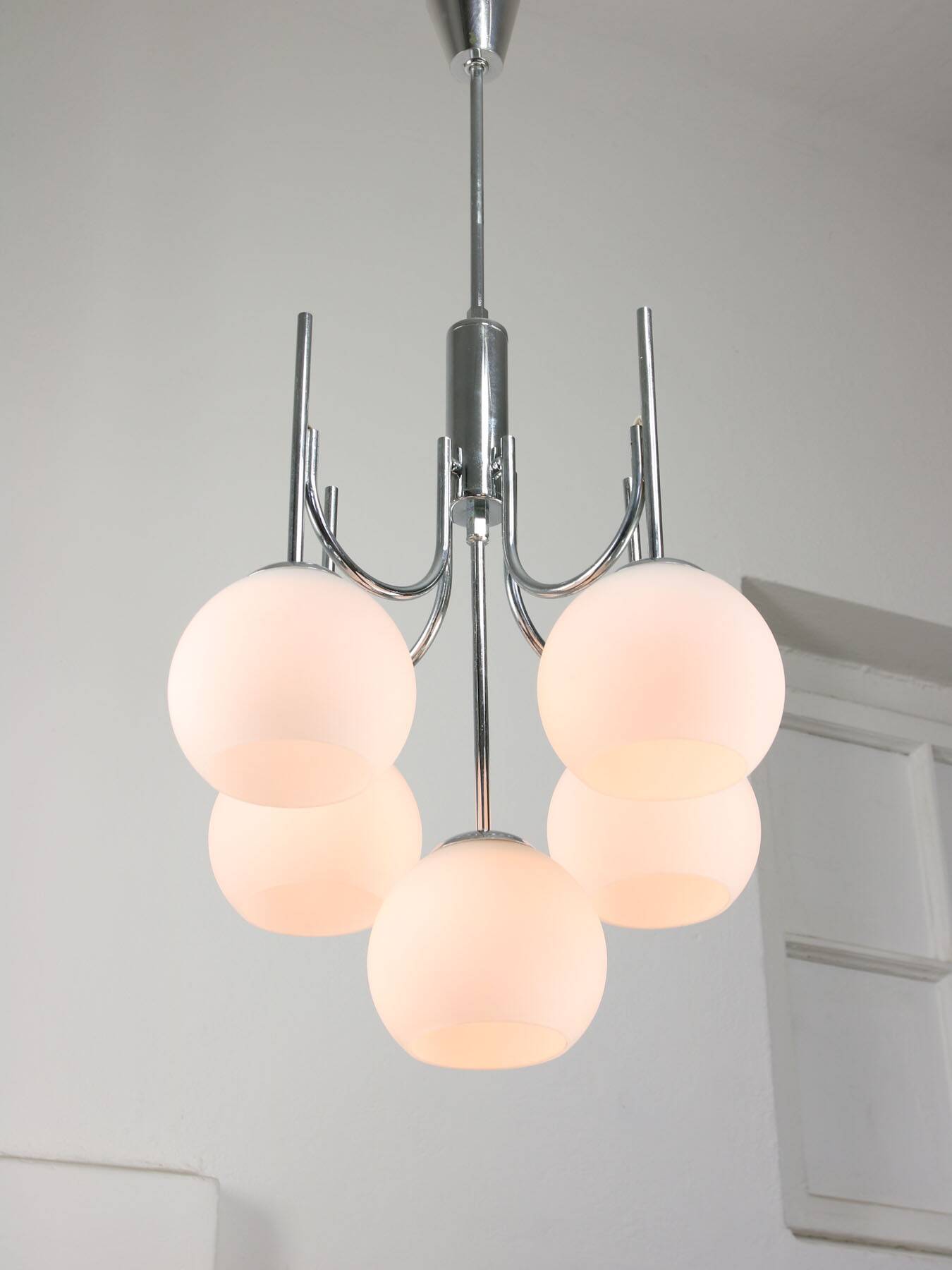 Vintage Italian Chrome and Opaline Chandelier, 1970s