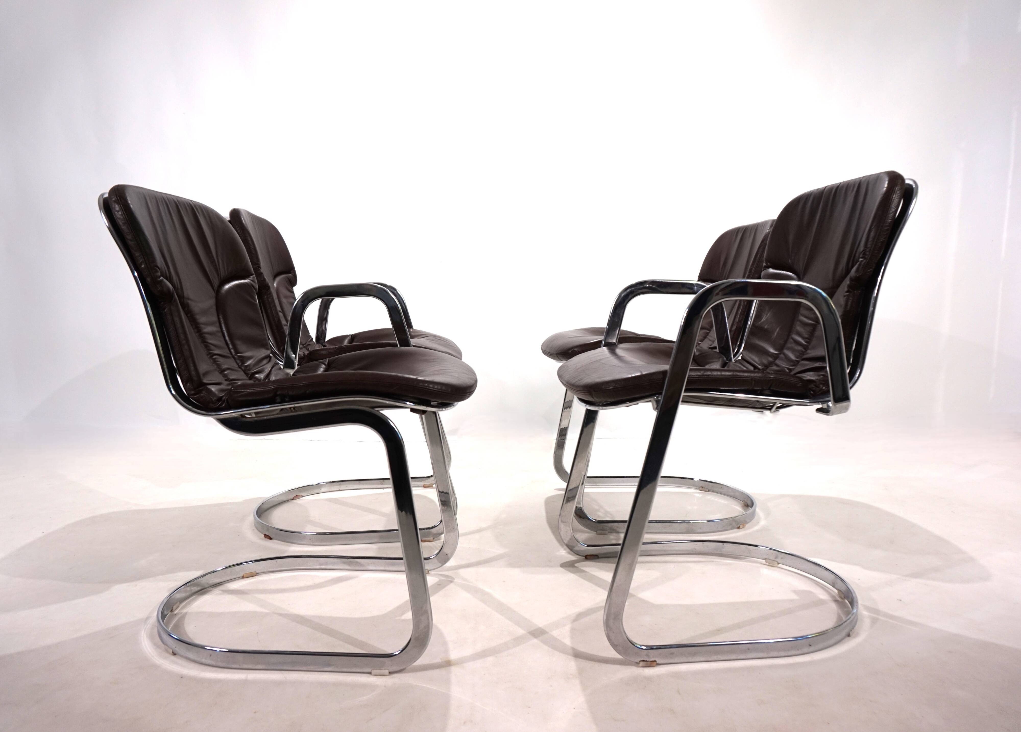 Set of four Cidue leather chrome cantilever chairs by Willy Rizzo, 1970