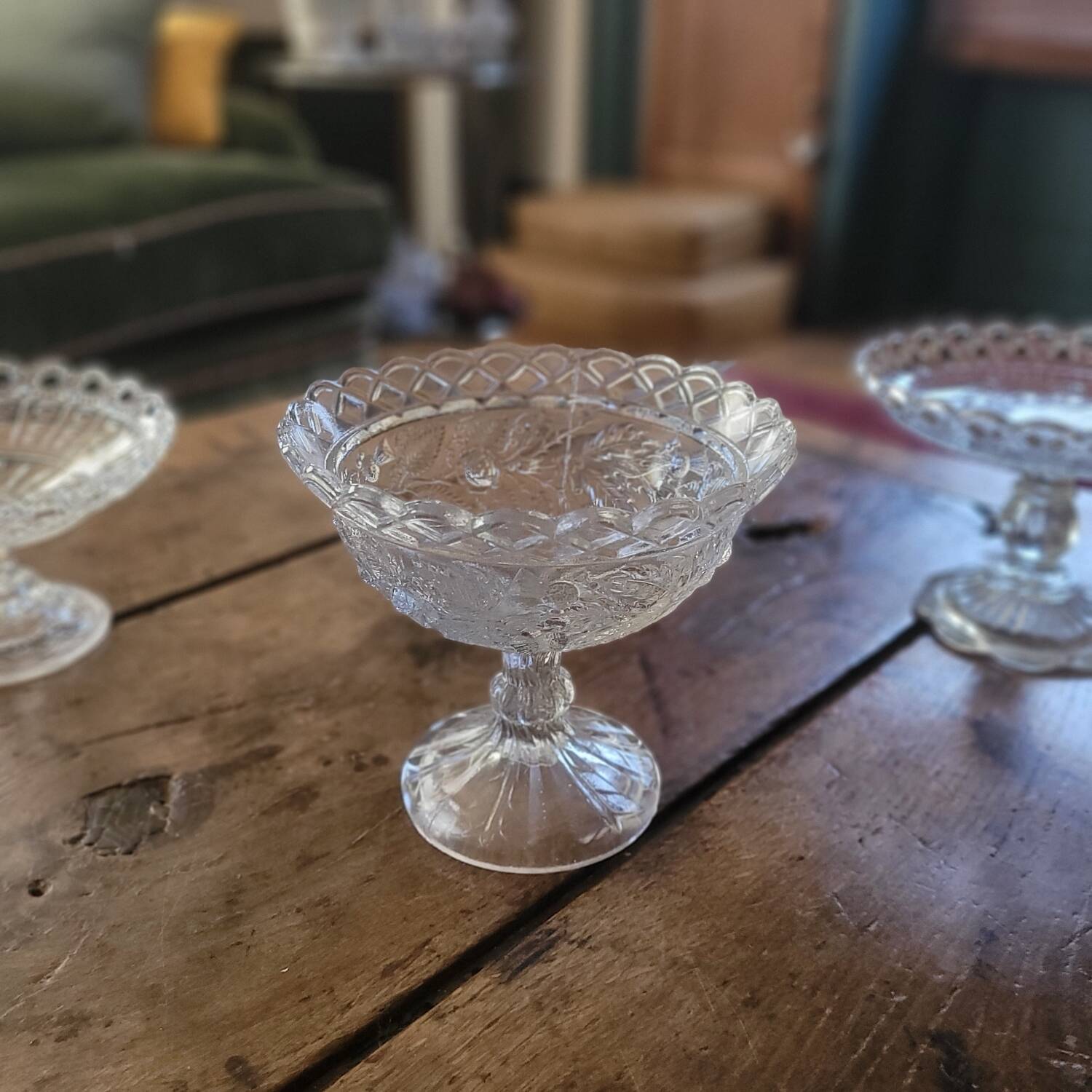 Trio of antique openwork pressed glass bowls – France, 1920–1940