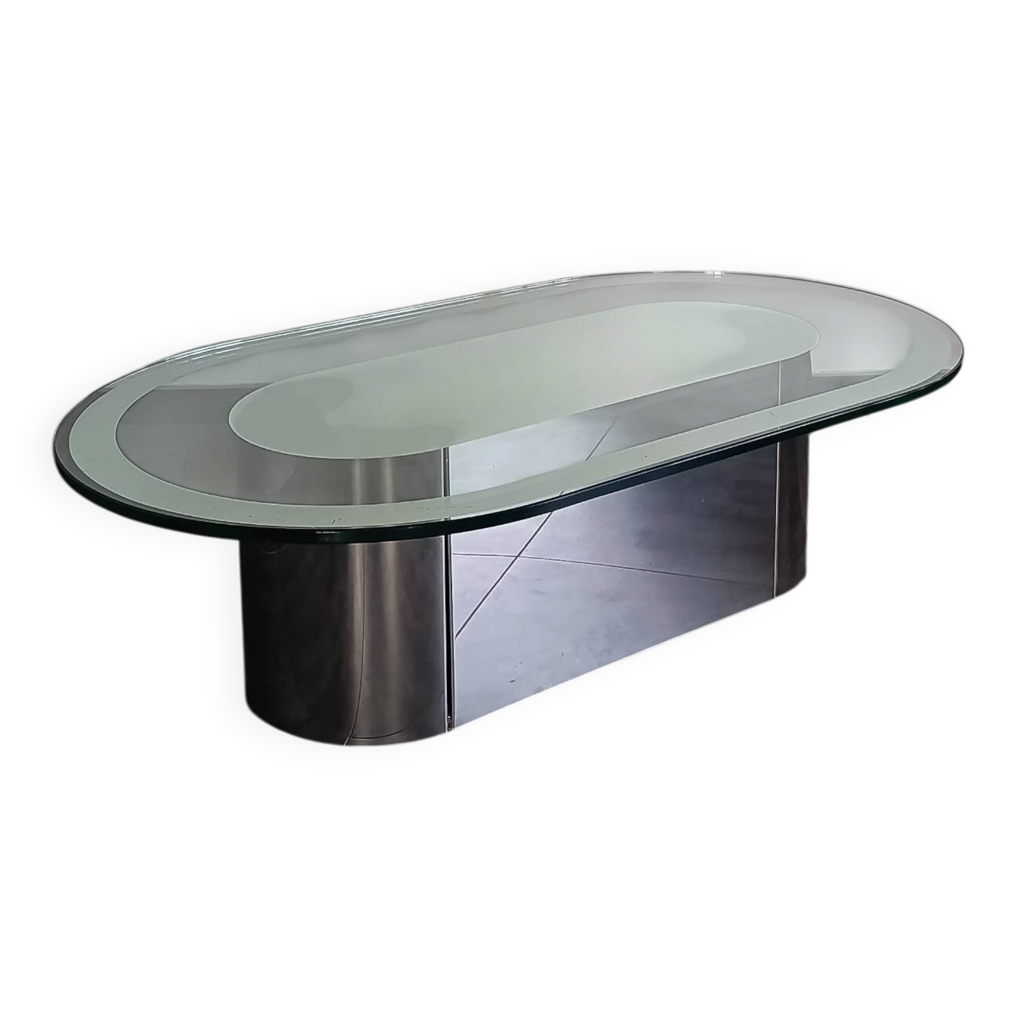 Vintage coffee table with glass and chrome metal.