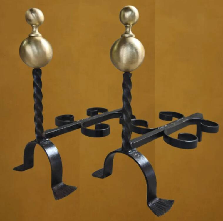 Pair of wrought iron candlesticks with cast bronze ball, 1970s.