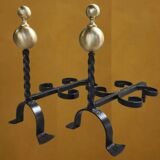 Pair of wrought iron candlesticks with cast bronze ball, 1970s.