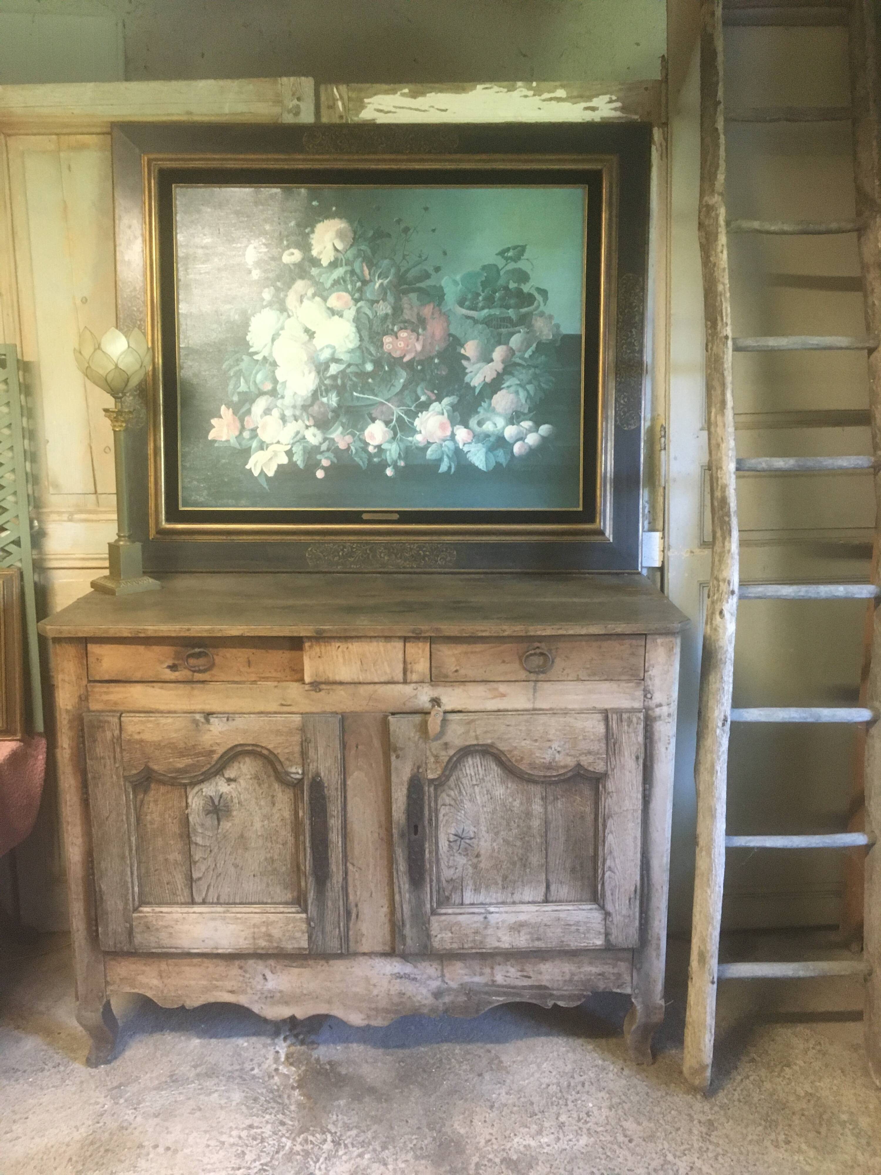 Bouquet of flowers and fruits on table, composition on canvas 100x120