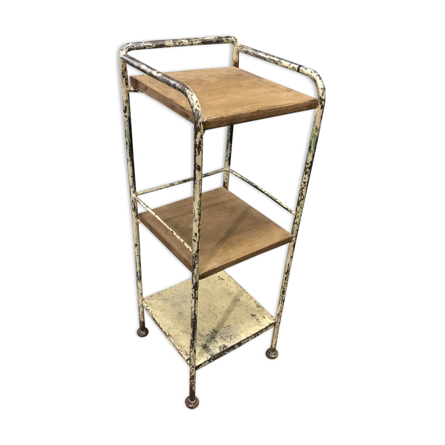 Former industrial metal and solid oak bedside