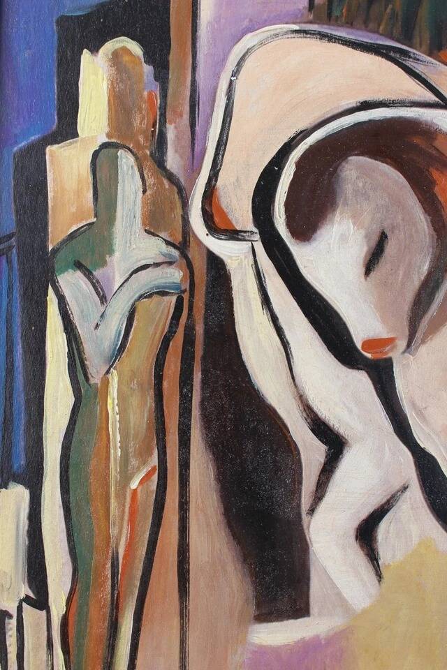 Peinture à l'huile sur toile encadrée représentant un village cubiste de Bela Kadar, années 1970