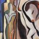 Peinture à l'huile sur toile encadrée représentant un village cubiste de Bela Kadar, années 1970