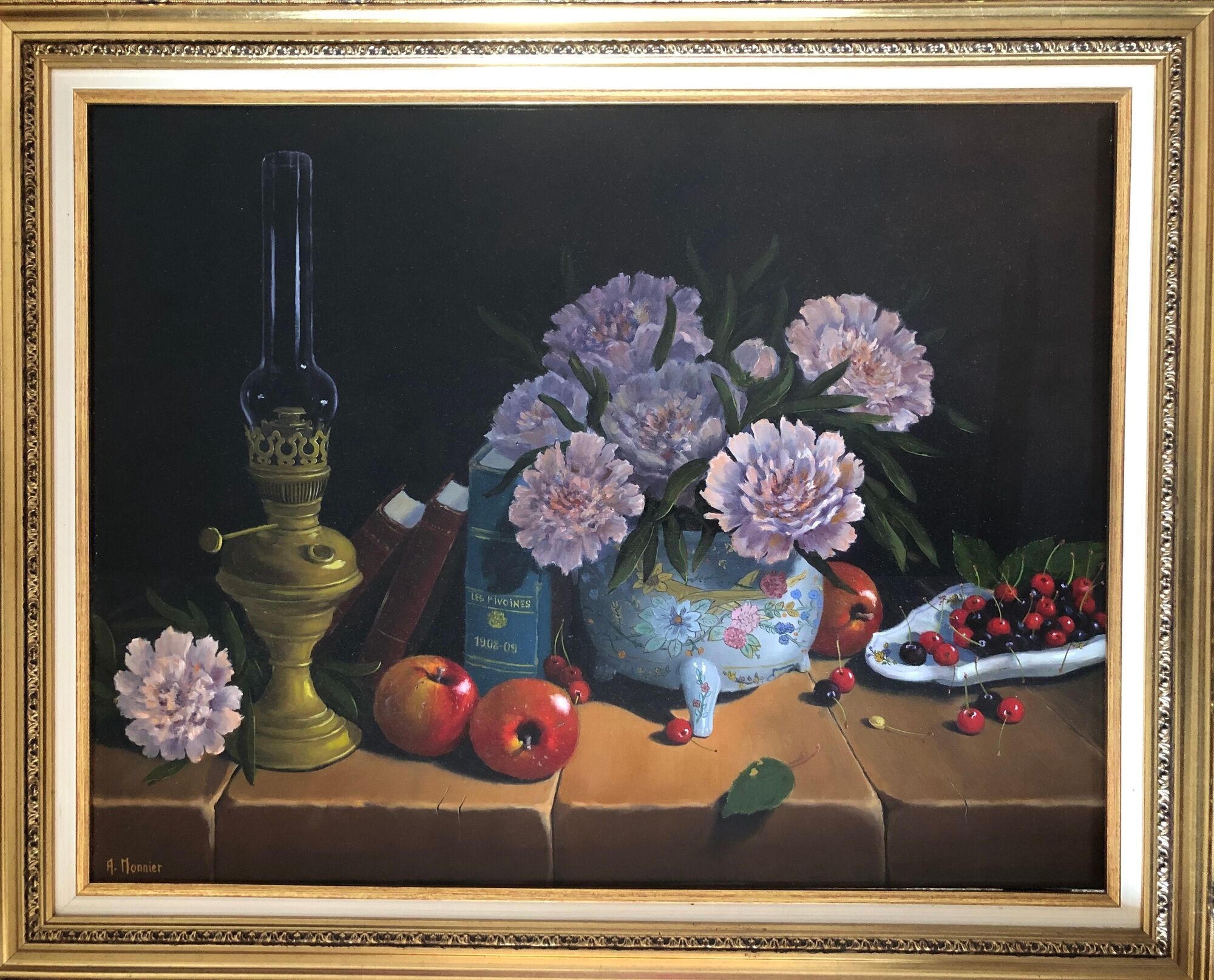 Oil on canvas, still life with flowers and fruit