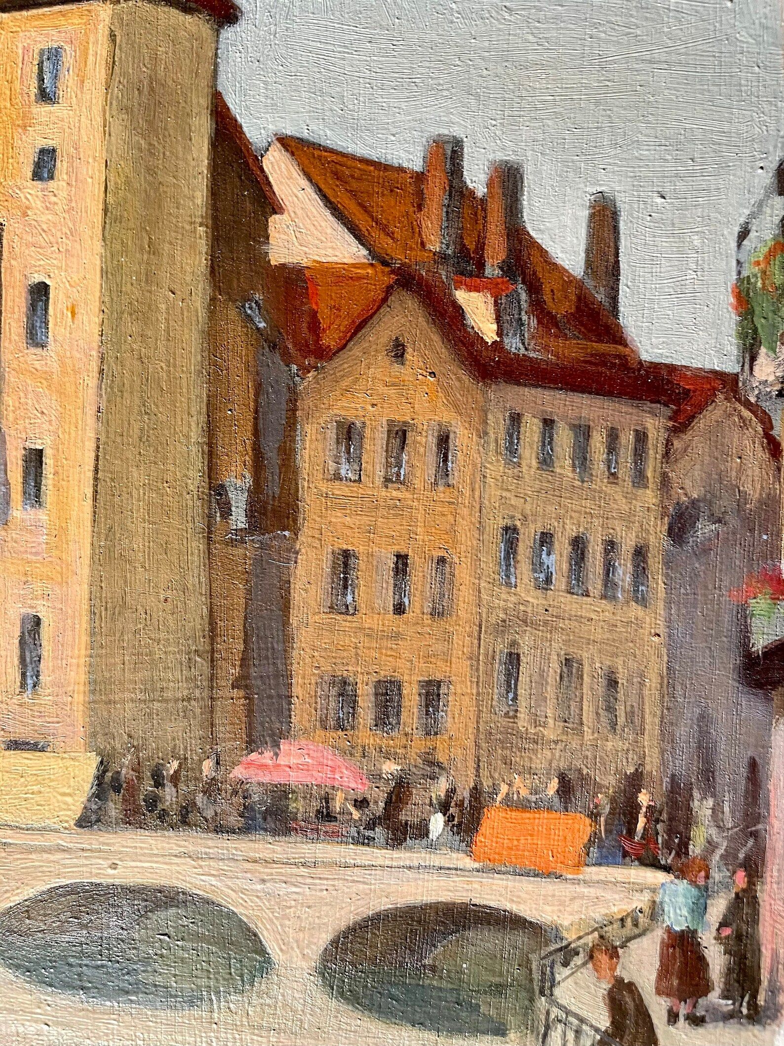 1940s French oil painting on wood. Cityscape