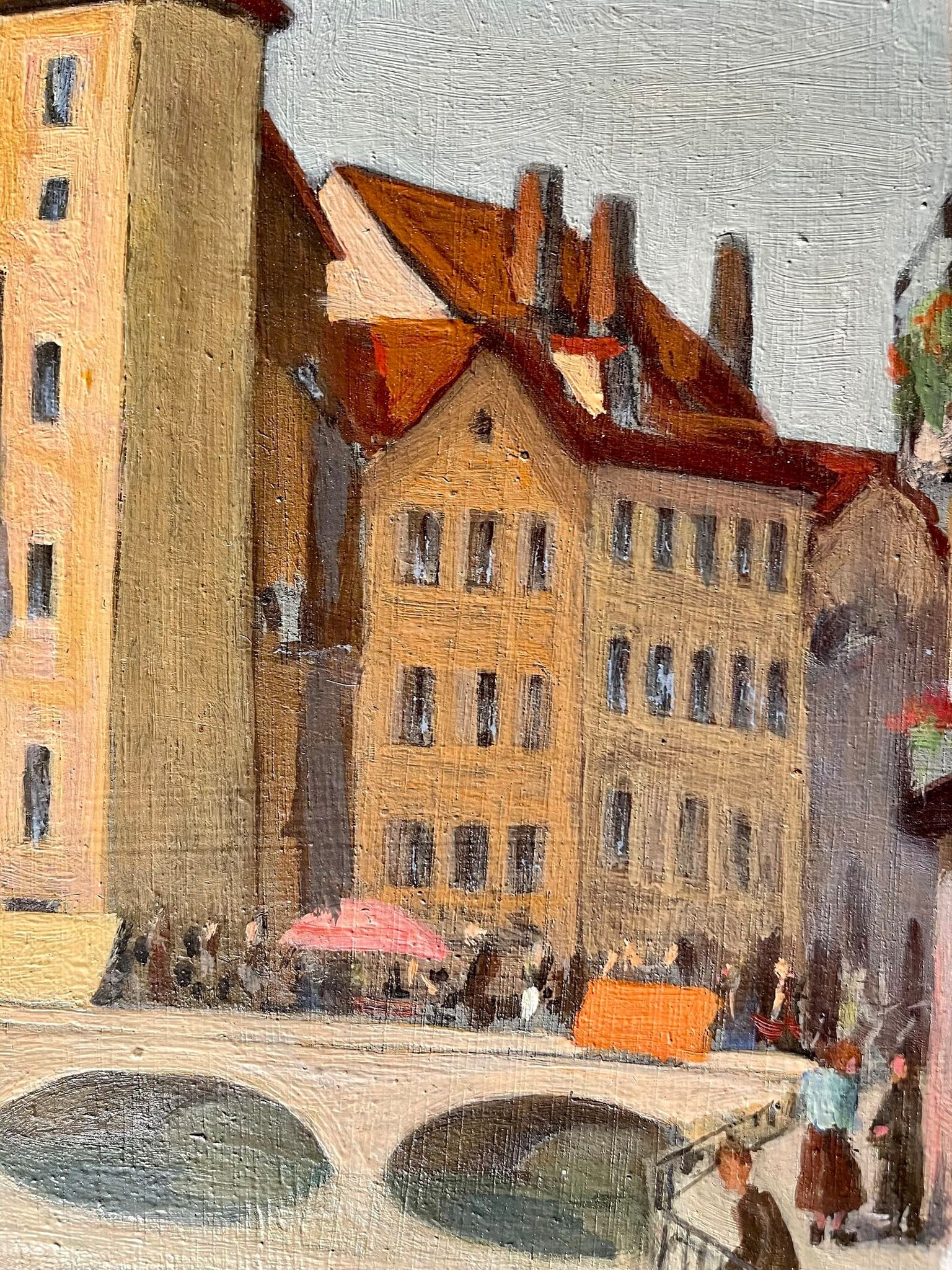 1940s French oil painting on wood. Cityscape