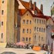 1940s French oil painting on wood. Cityscape