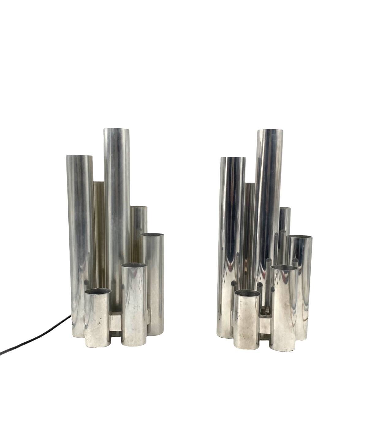 Hollywood regency set of 2 chromed table lamps, Sciolari Italy 1970s