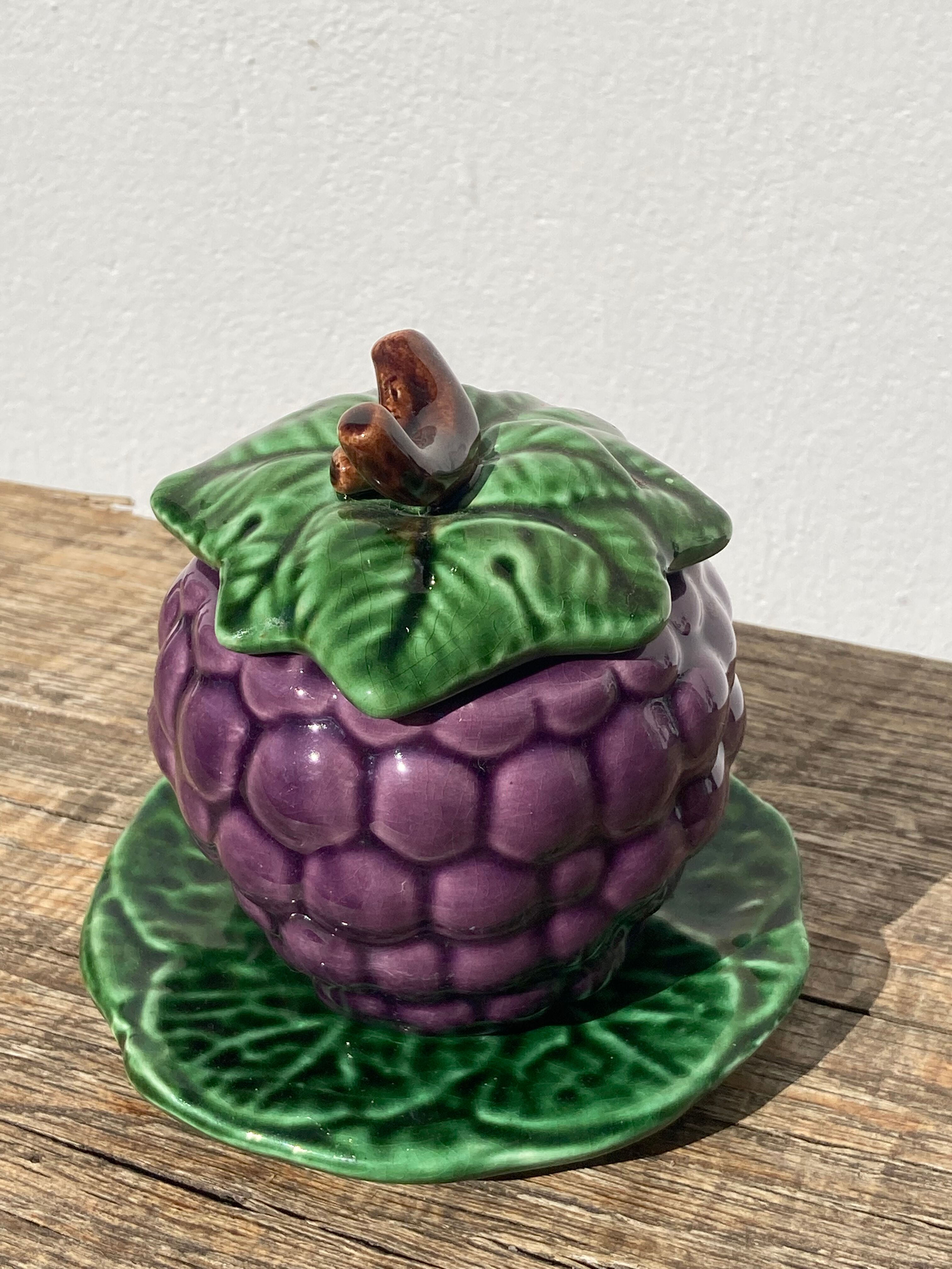 Sweet in Grape Slip or vintage jam maker, green and purple earthenware ceramics