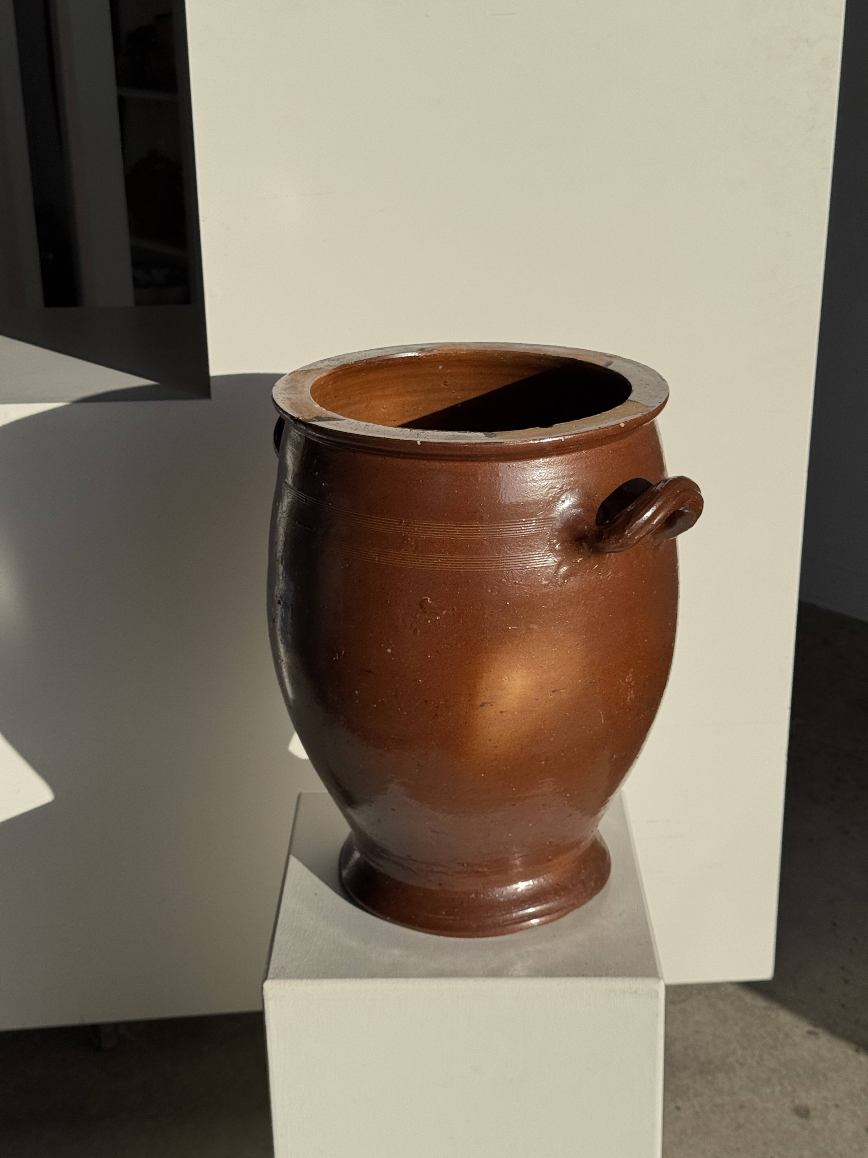 Very large glazed brown terracotta pot with two handles H41 D30