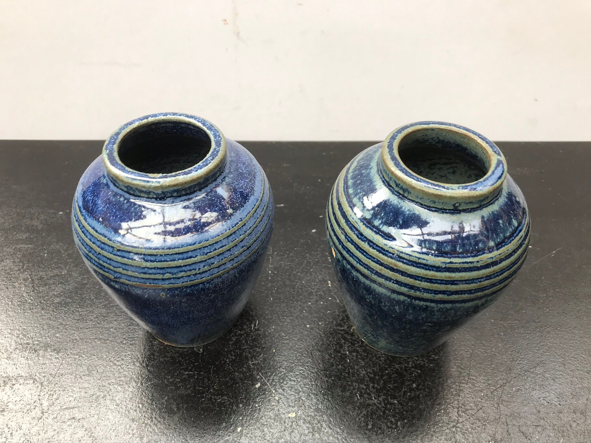 Pair of old vintage blue enamelled stoneware vases