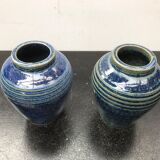 Paire de vases ancien grès émaillé bleu vintage