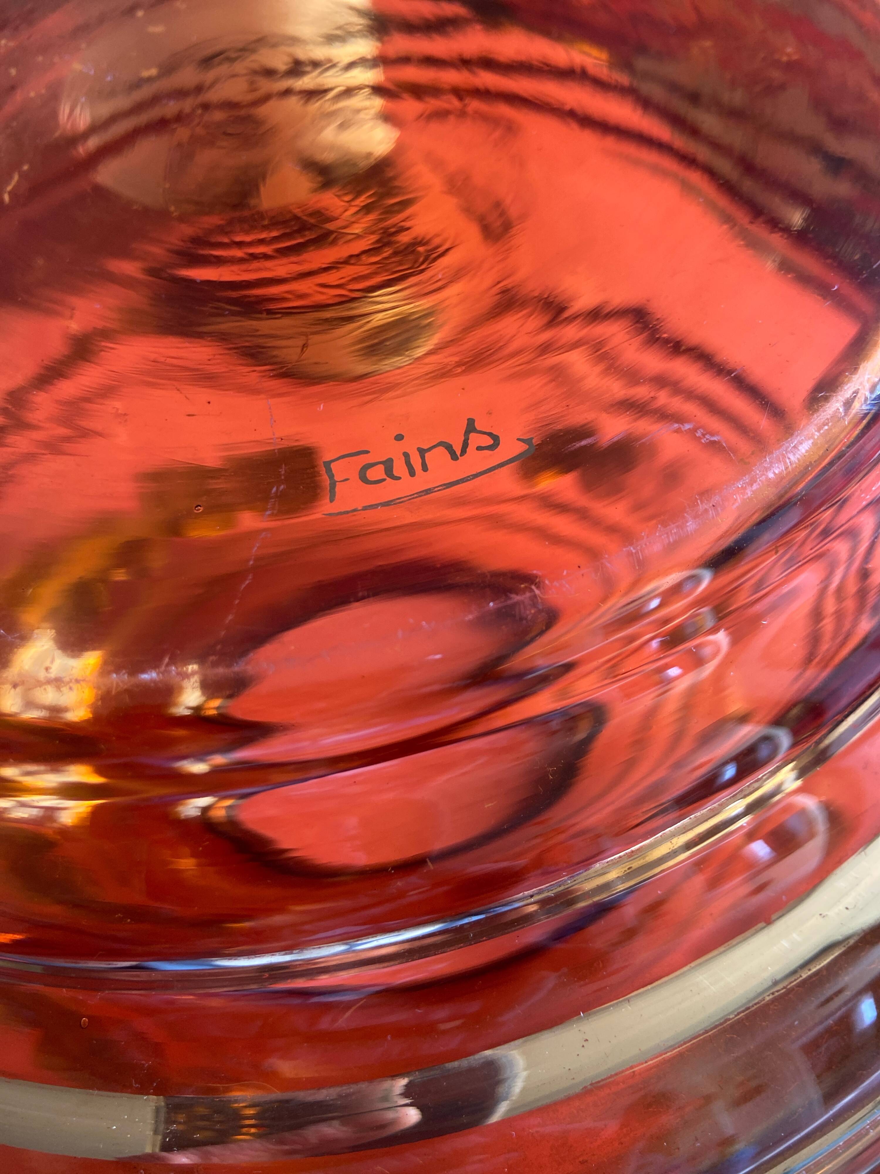 Large Art Deco round vase in amber glass signed Fains, circa 1930.