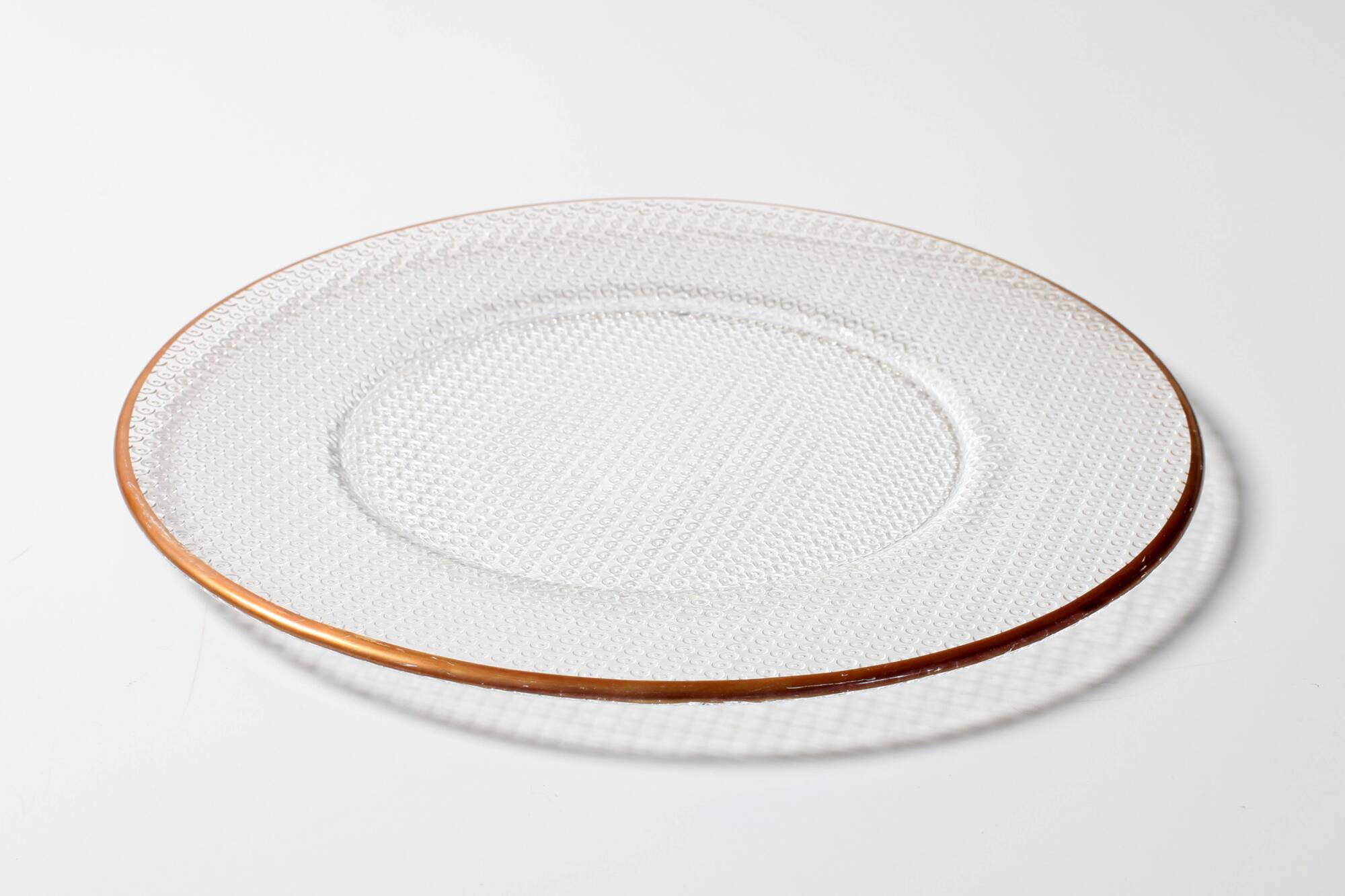 Large Vintage Glass Plate, Patterned Crystal Platter with Bronze Rim. Italy