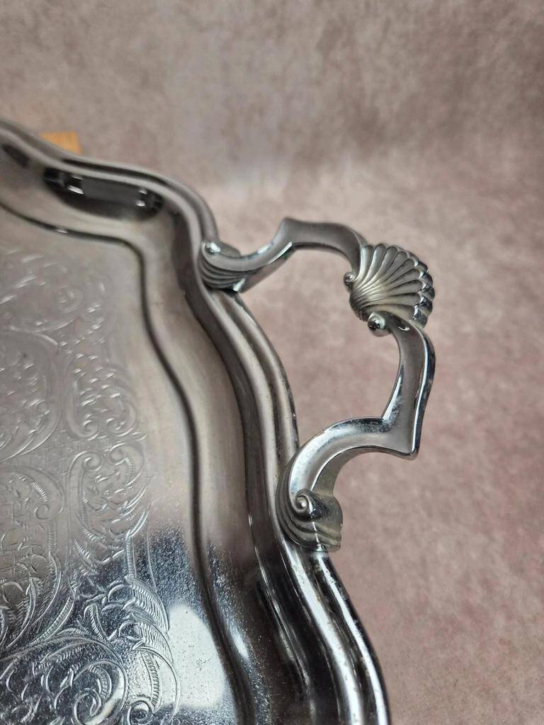 Large silver-plated serving tray – Rococo decoration & shell handles