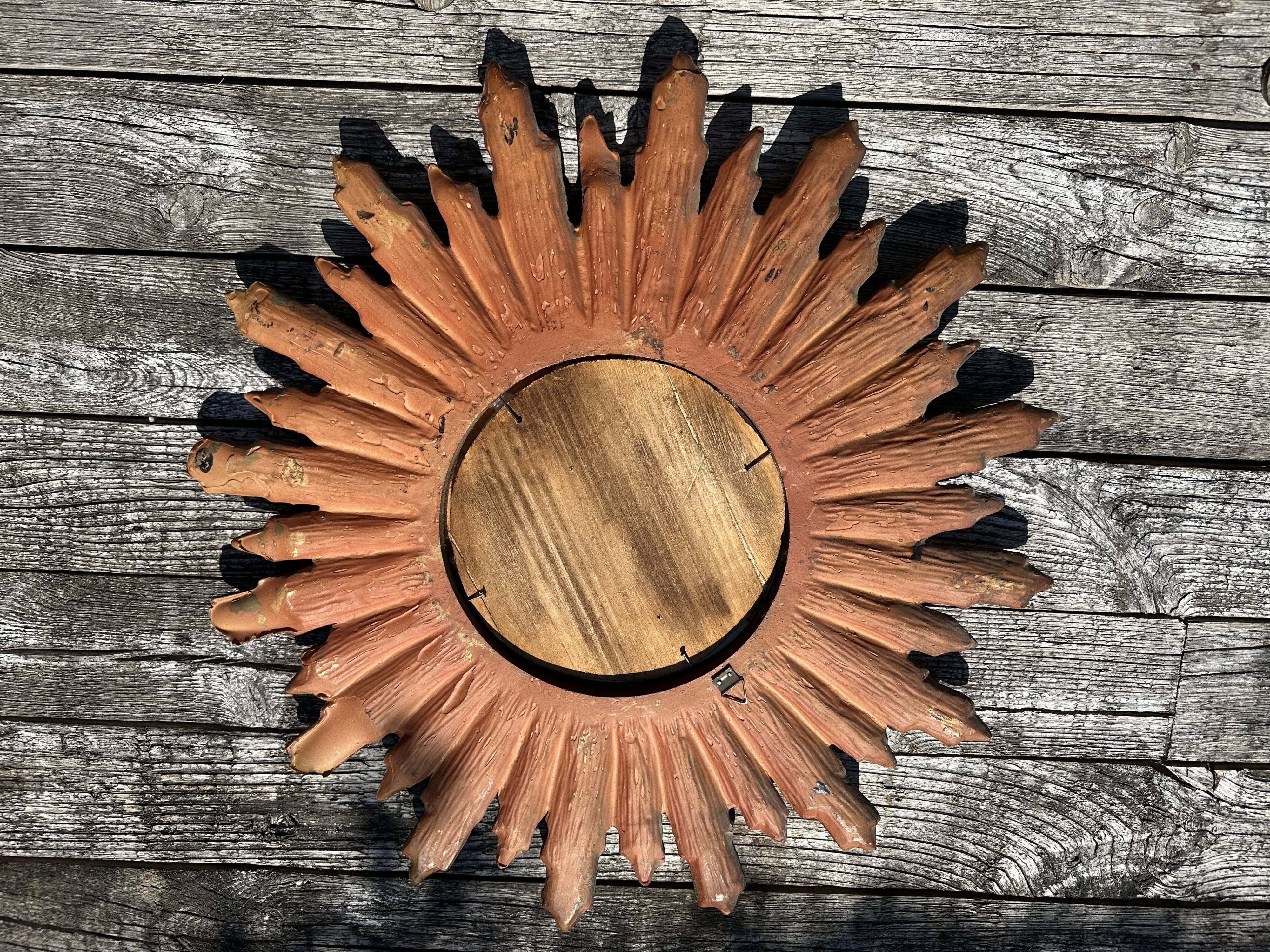 Vintage sun mirror 1960 in patinated golden balsa