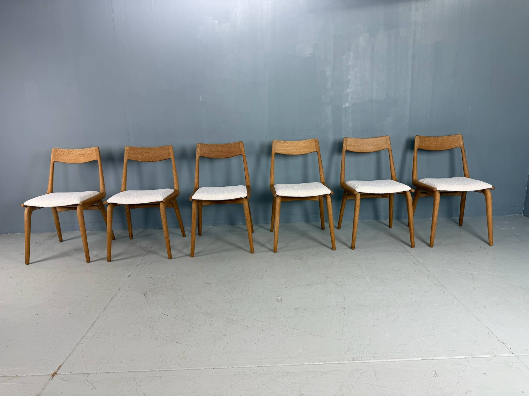 Alfred Christensen Danish oak "Boomerang" chairs set of 6 boucle fabric