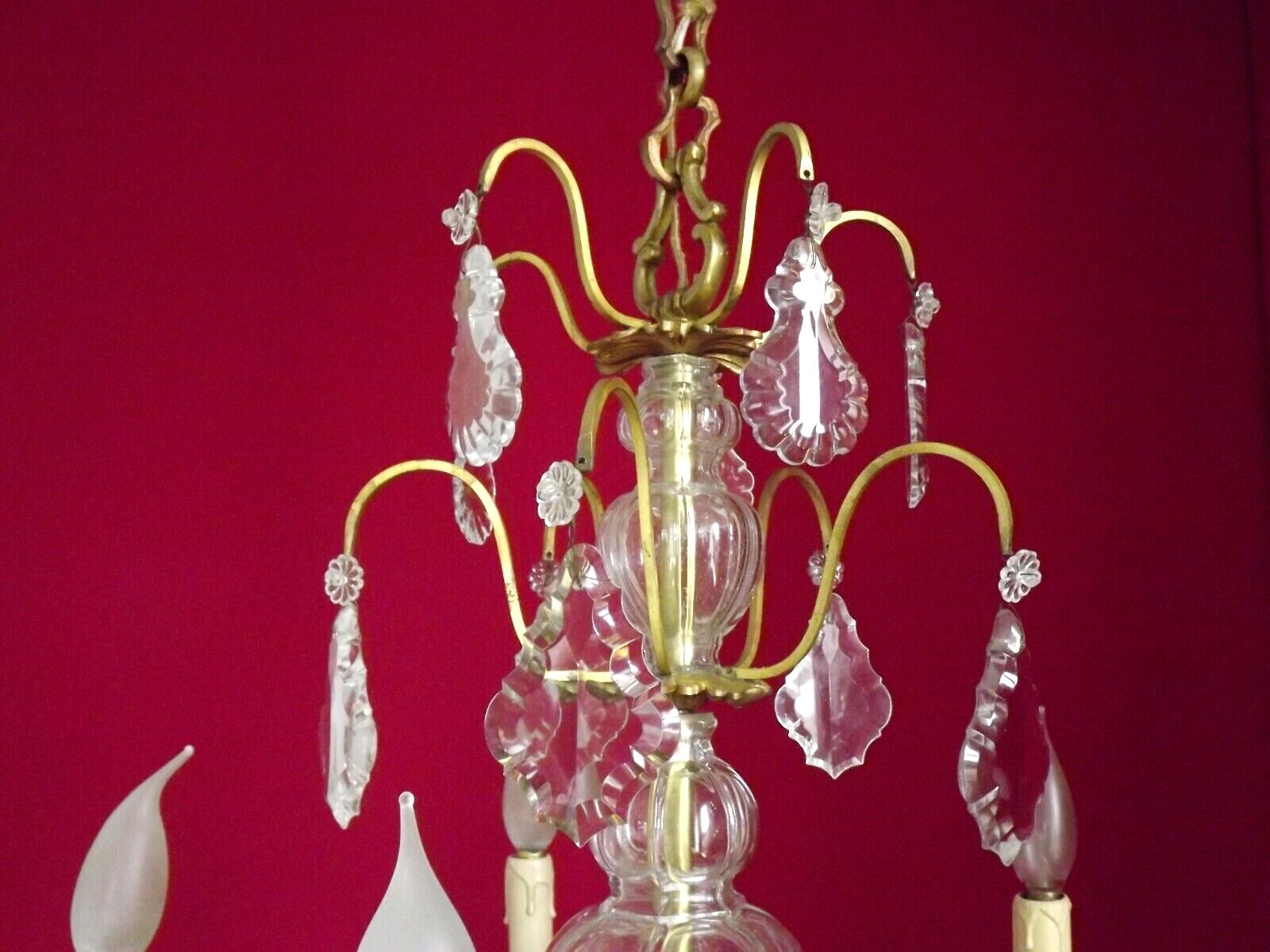 French antique 5 light brass crystal & glass acanthus leaf chandelier