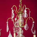 French antique 5 light brass crystal & glass acanthus leaf chandelier