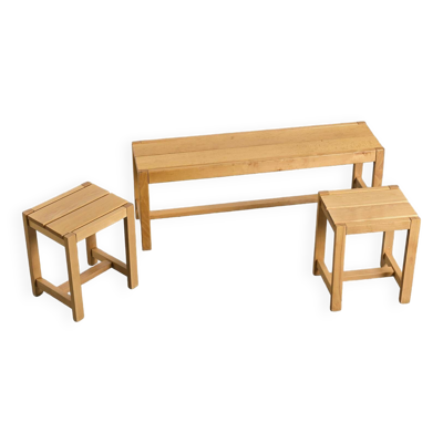 Banc et Tabourets en hêtre massif, circa 1980