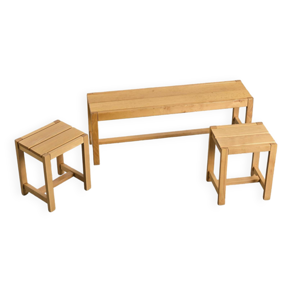 Banc et Tabourets en hêtre massif, circa 1980