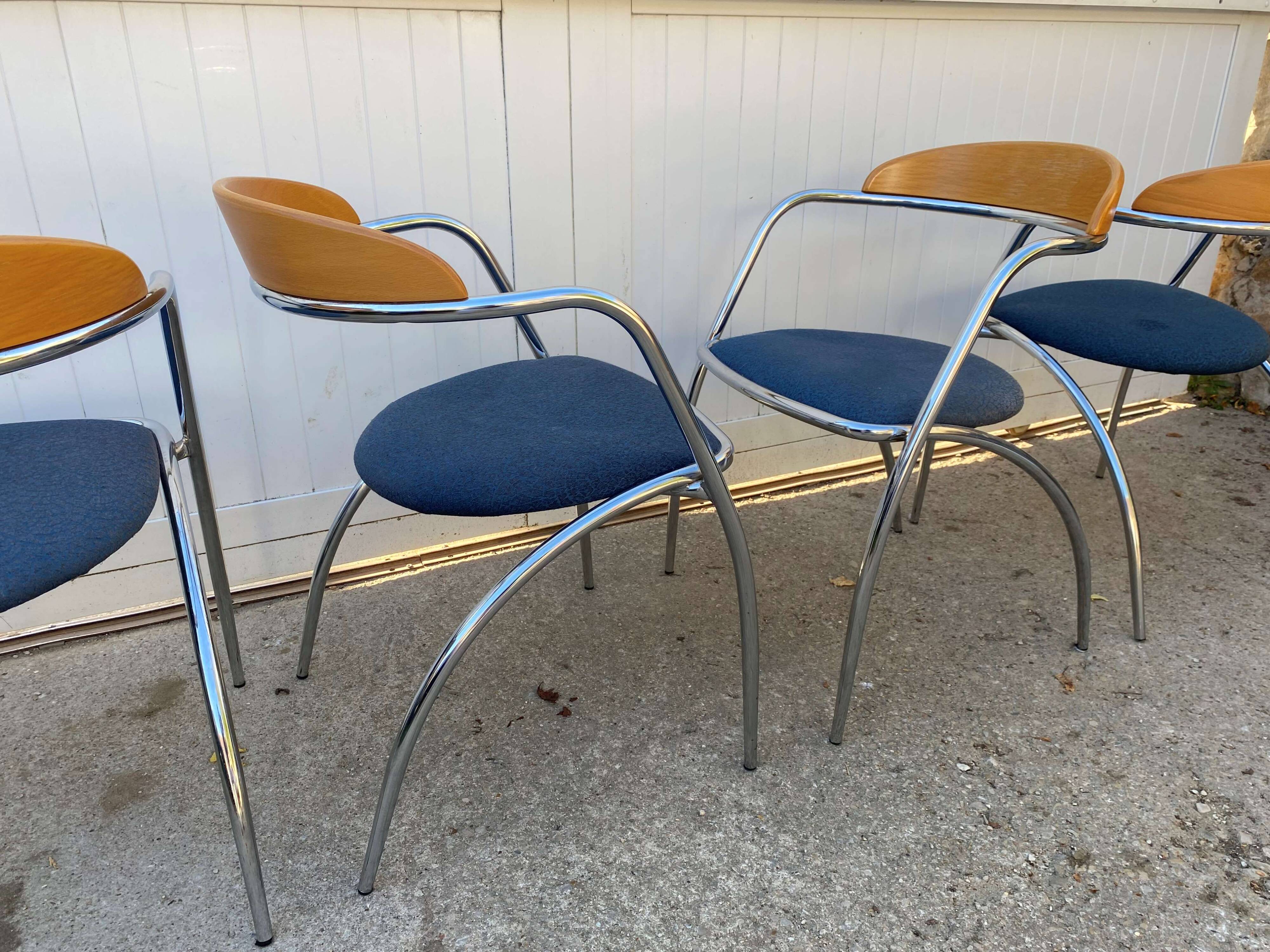 Set of 4 chairs with armrest Effezeta chrome blue fabric and wood an2000