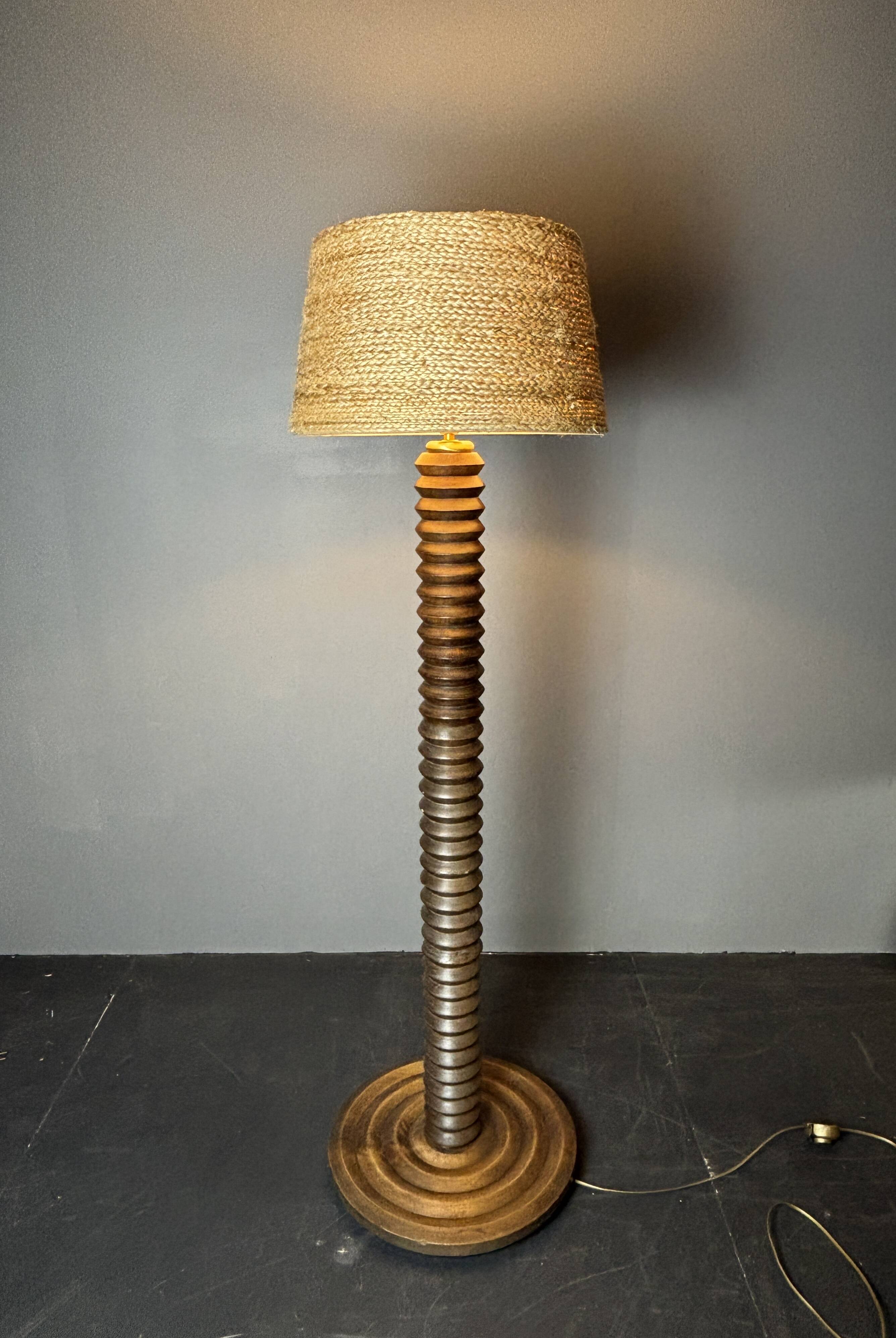 Midcentury brutalist chunky wood turned floor lamp, Charles Dudouyt style.