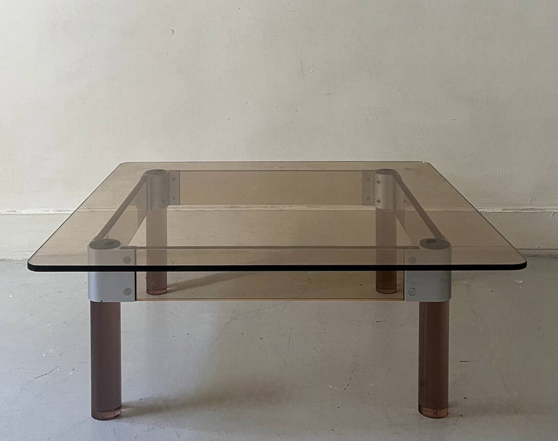 Square coffee table in smoked brown plexiglass and chrome, 1970s design
