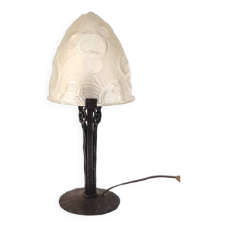 Art Deco Lamp 1920 1930 Wrought Iron Molded Pressed Glass In The Taste Of Edgar Brandt