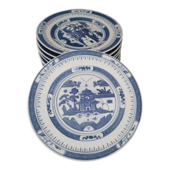 Set of 8 porcelain dessert plates décor blue asian landscape