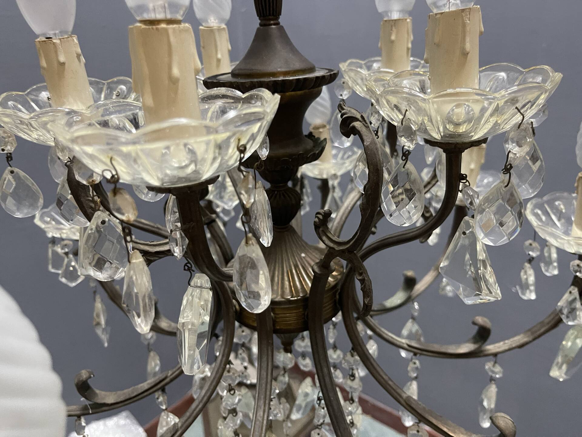 Vintage Bronze & Crystal Chandelier, 15 Lights, 1950s