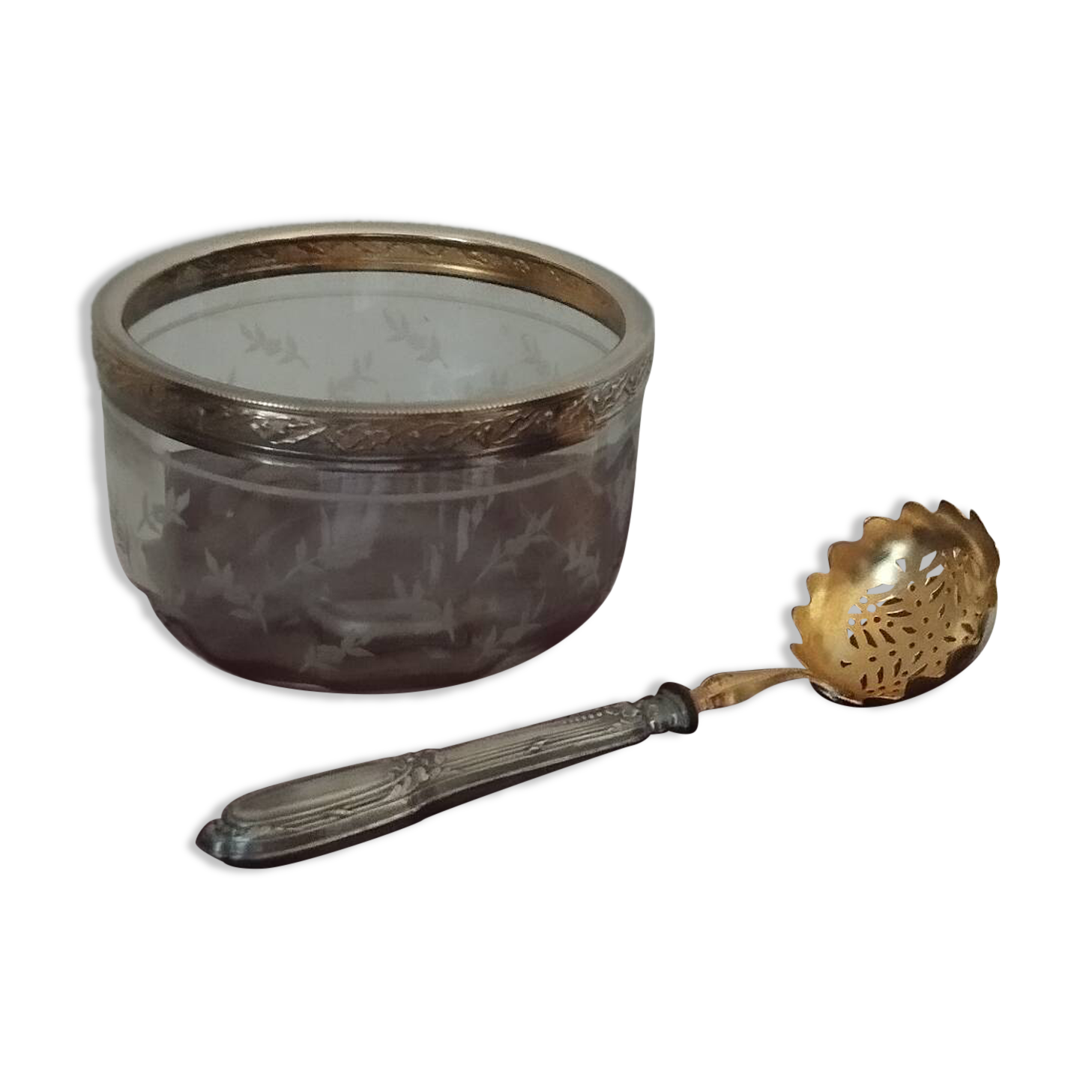 Crystal silver sugar bowl and spoon in box