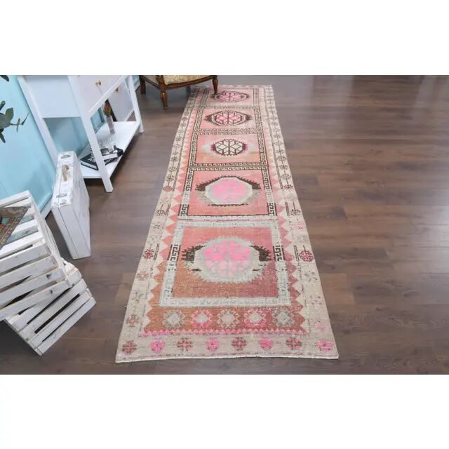 Vintage Turkish Hand-Knotted Wool Cotton Pink Runner Rug 99x345
