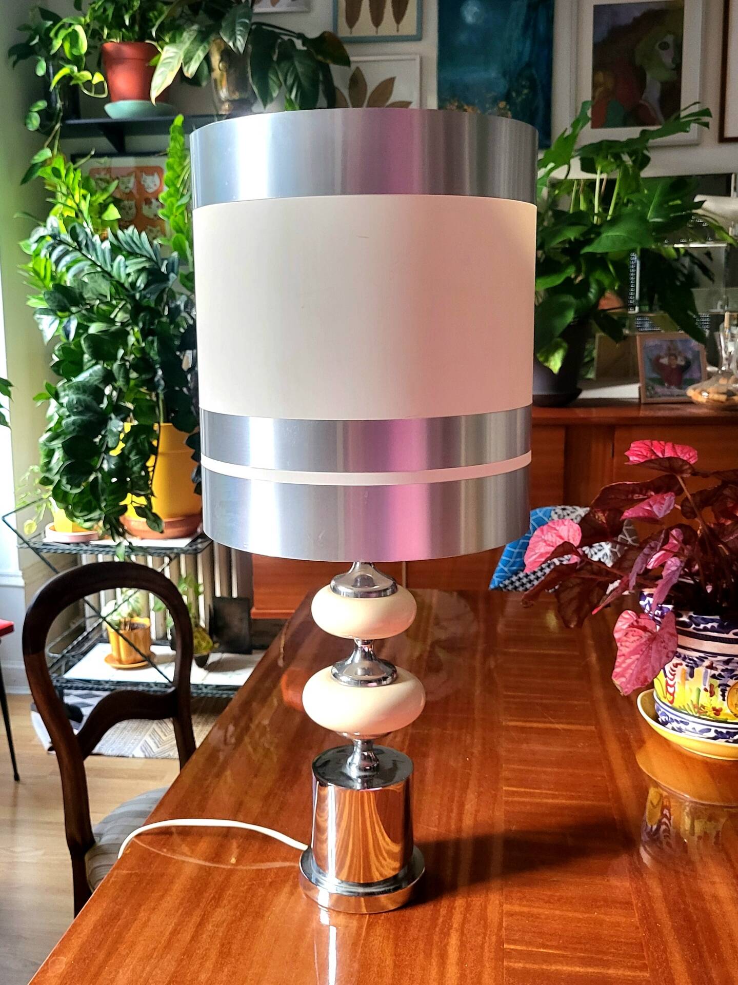 Large Vintage 1970 Space Age Chrome & Wood Lamp