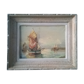 Old marine painting rigging at the port