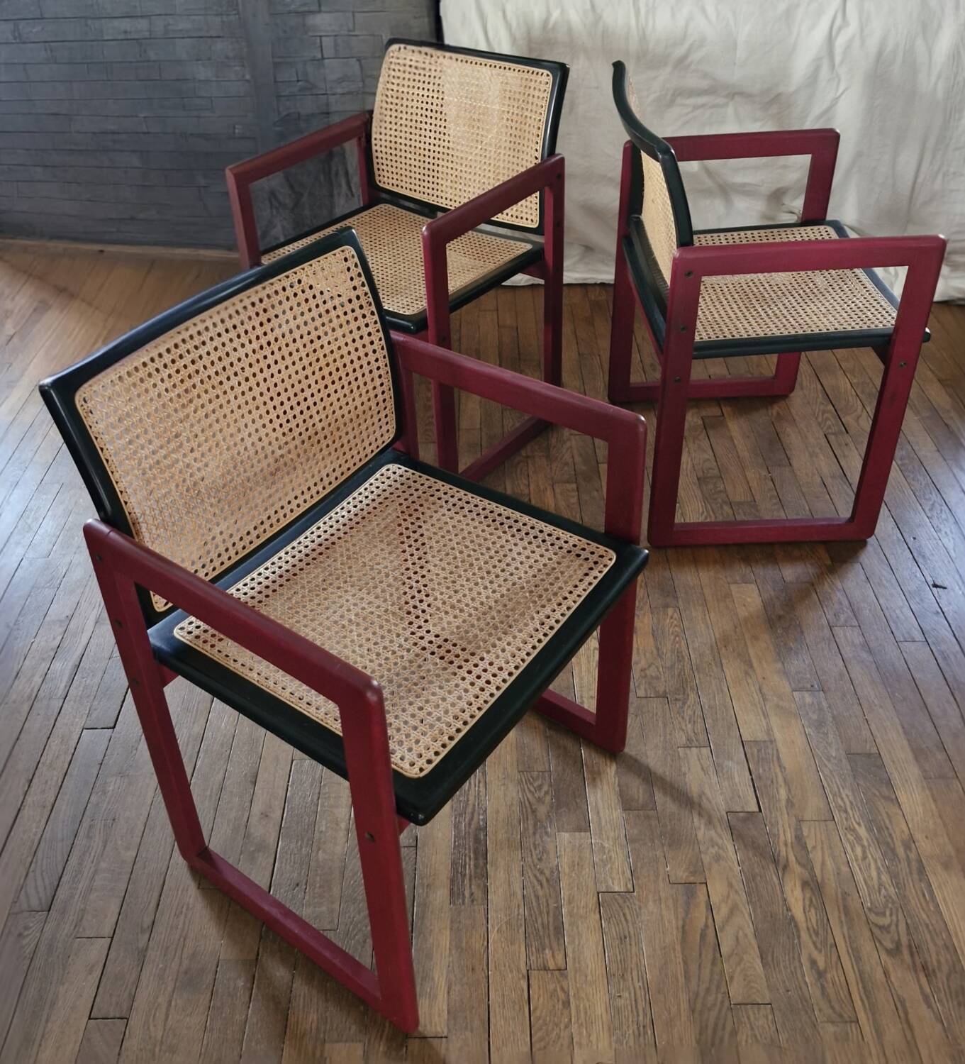 Pascal Mourgue rare set of 3 caned sleigh armchairs in lacquered wood for vintage 80s triconfort