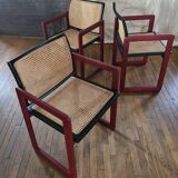 Pascal mourgue rare set de 3 fauteuils traîneaux cannés bois laqué  pour triconfort vintage 80's