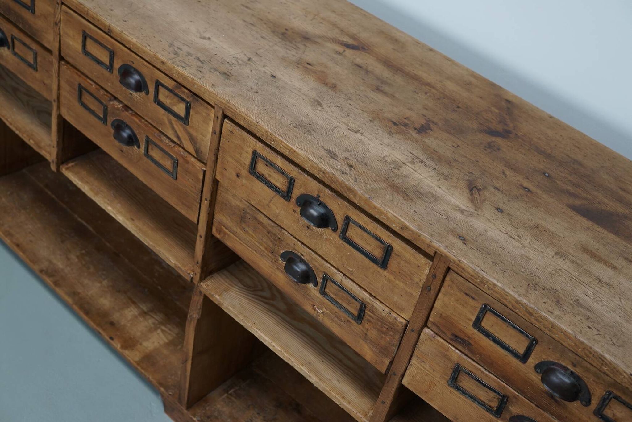 Vintage rustic German pine apothecary cabinet / shop counter, 1930s