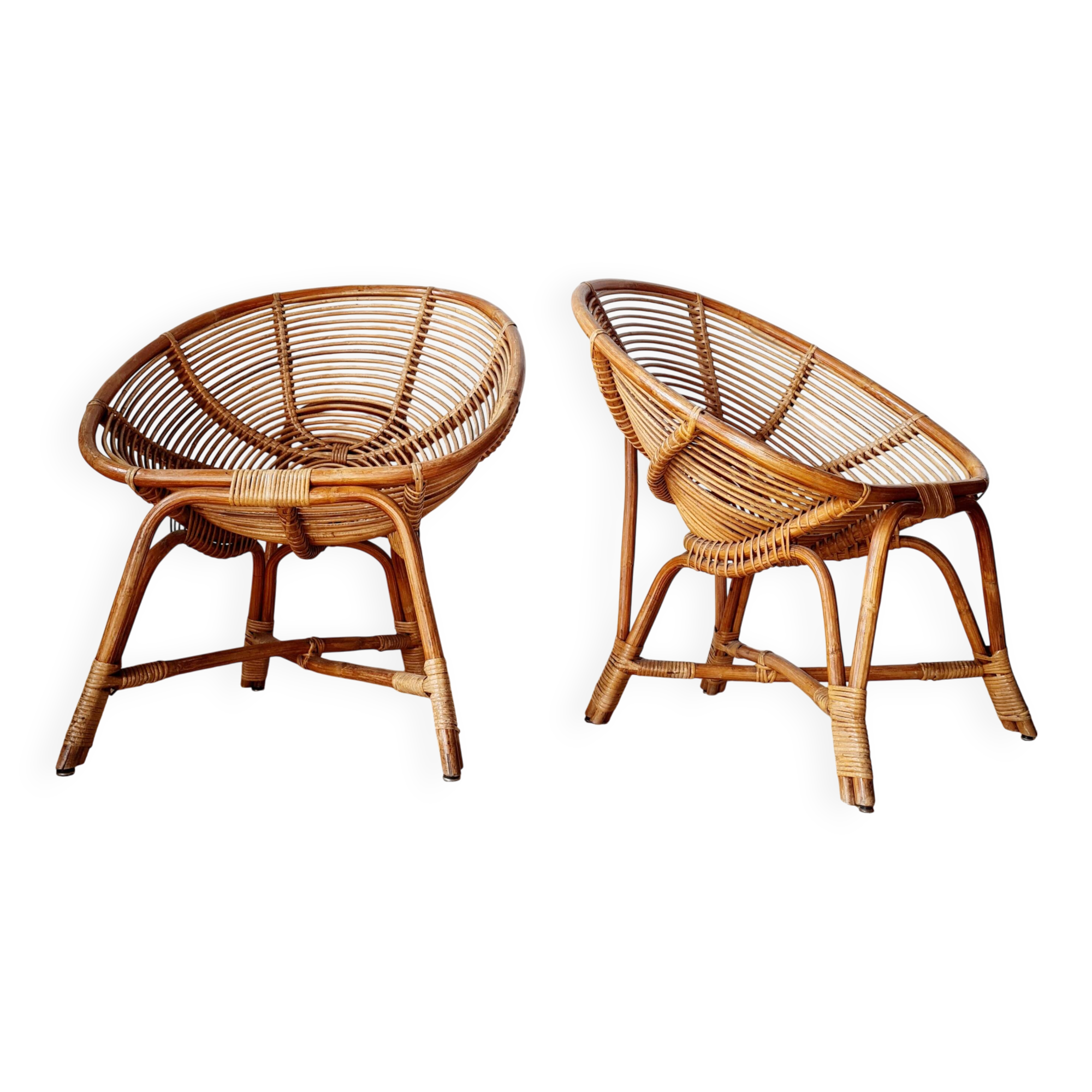 Pair of vintage basket chairs in rattan – Riviera style 1960