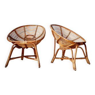 Pair of vintage basket chairs in rattan – Riviera style 1960