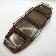 Teak tray and its 4 stackable glass dishes • Denmark • 1960
