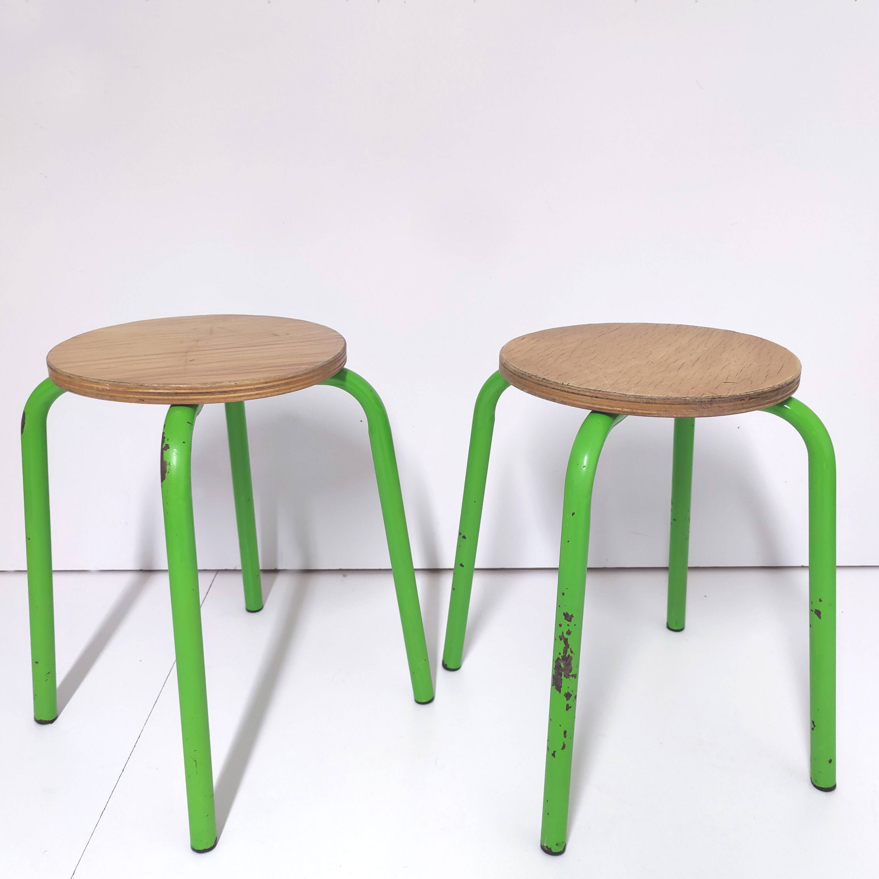 Set of 2 vintage green metal and wood stools