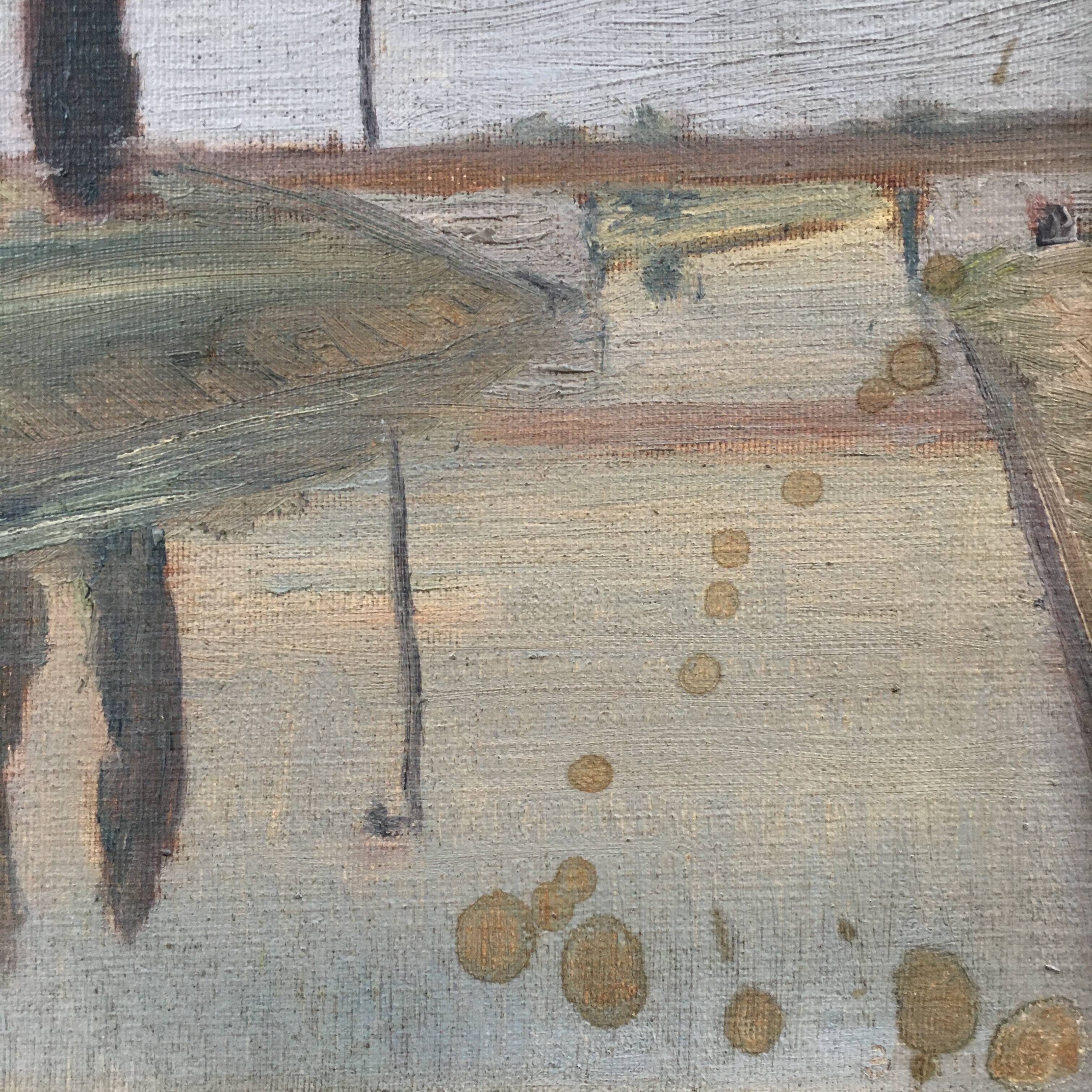 River landscape painting with cypresses