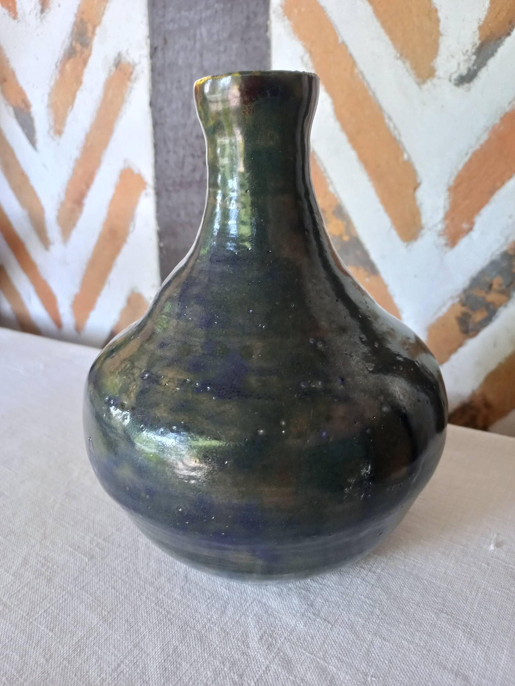 Glazed ceramic vase with blue reflections 1970