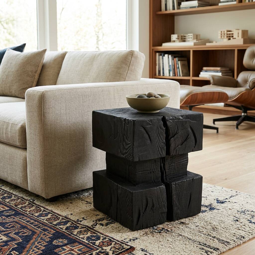 Ebonized solid wood sculptural stool / side table, Logniture