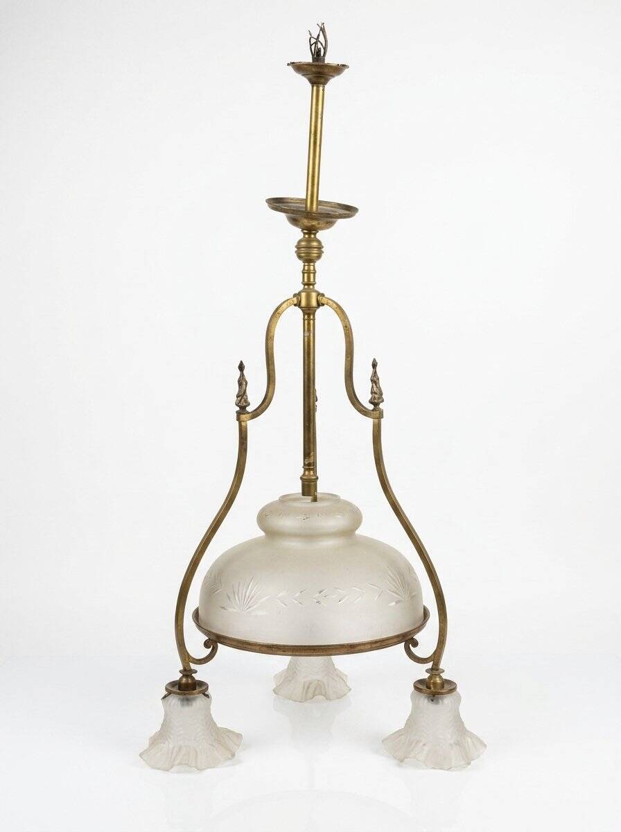 Antique brass chandelier with 3 lights and frosted glass shades.