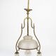 Antique brass chandelier with 3 lights and frosted glass shades.